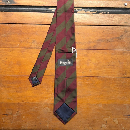 Regent woven silk tie - moss green and maroon stripes - reverse