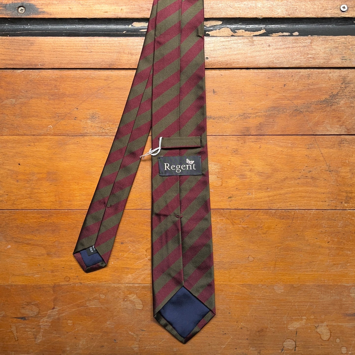 Regent - Woven Silk Tie - Moss Green and Maroon - Narrow Stripes - reverse