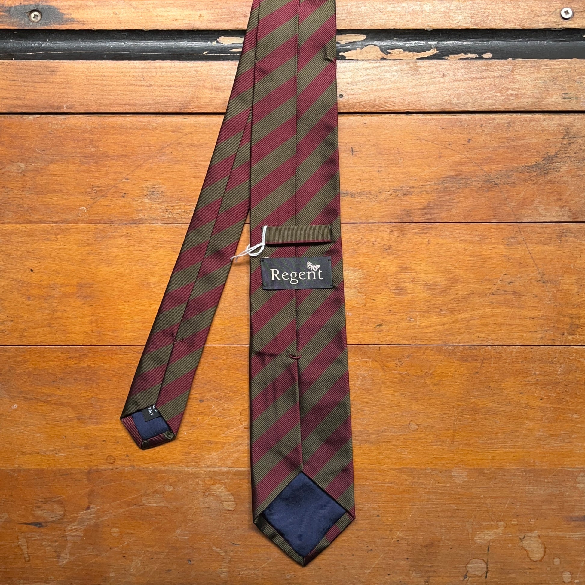 Regent - Woven Silk Tie - Moss Green and Maroon - Narrow Stripes - reverse