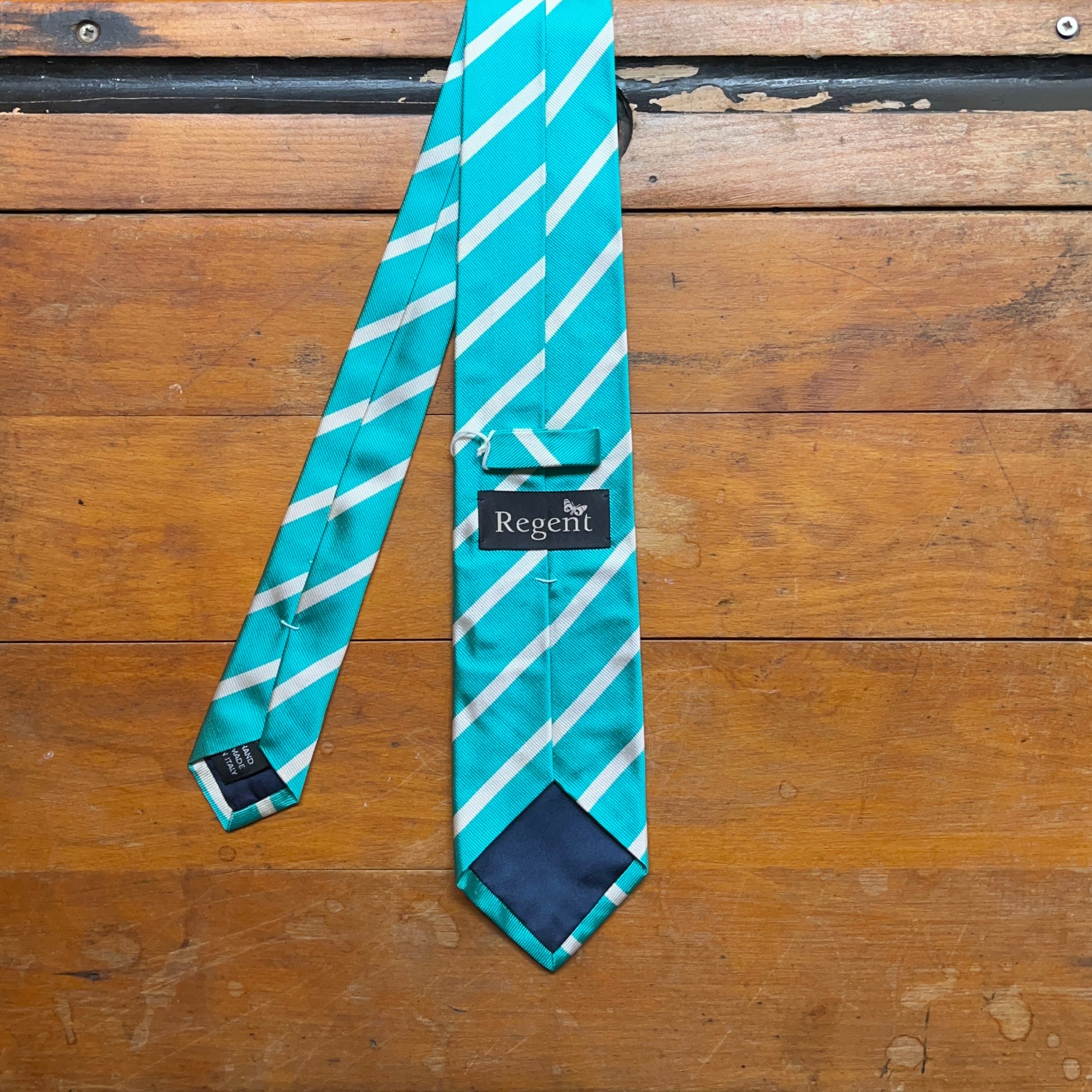 Regent - Woven Silk Tie - Turquoise with White Stripe - REVERSE