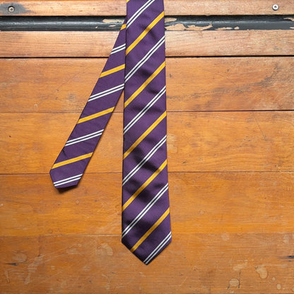 Regent - Woven Silk Tie - Deep Purple with Double White and Yellow Stripe