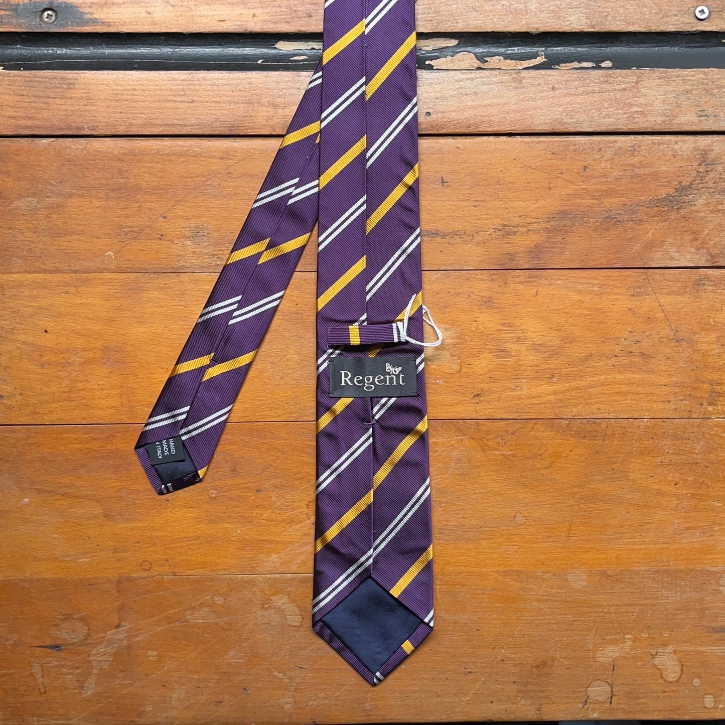 Regent - Woven Silk Tie - Deep Purple with Double White and Yellow Stripe - reverse