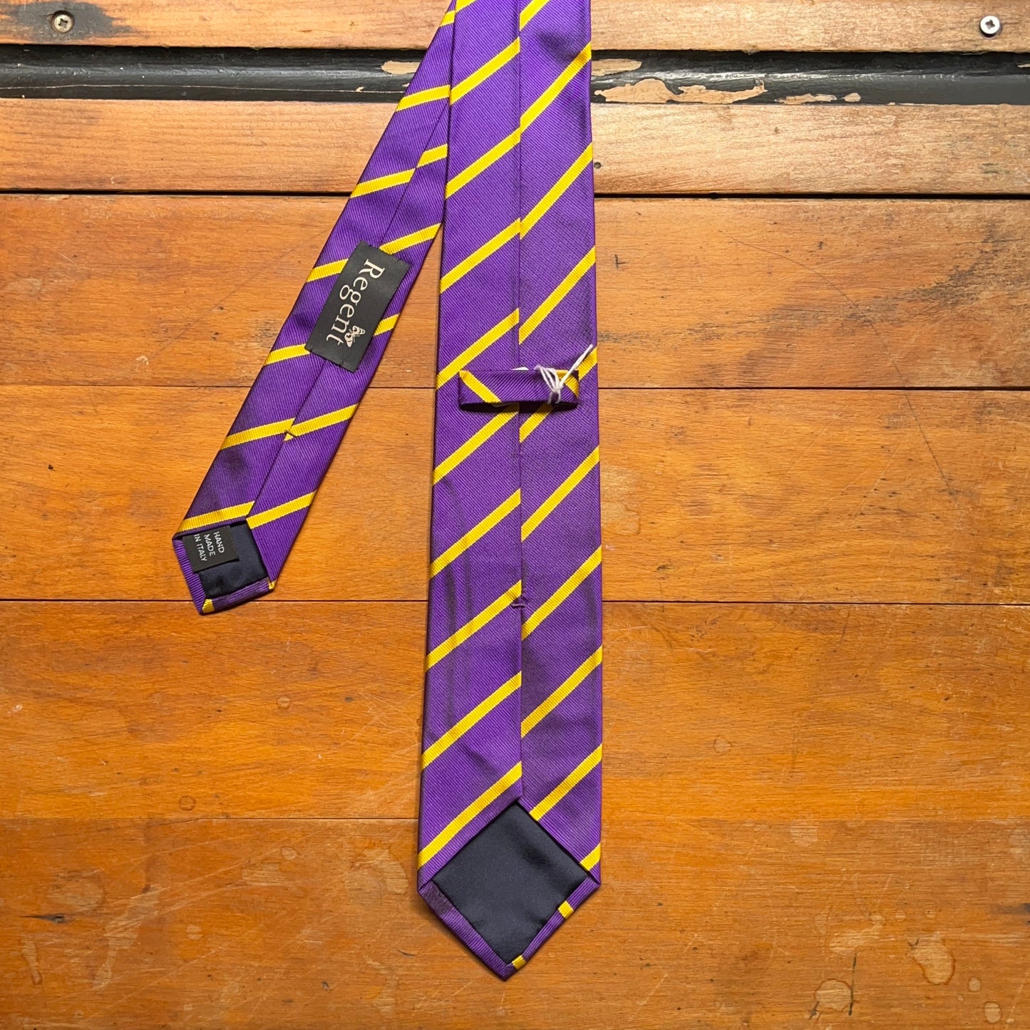 Regent - Woven Silk Tie - Purple with Yellow Stripe - reverse