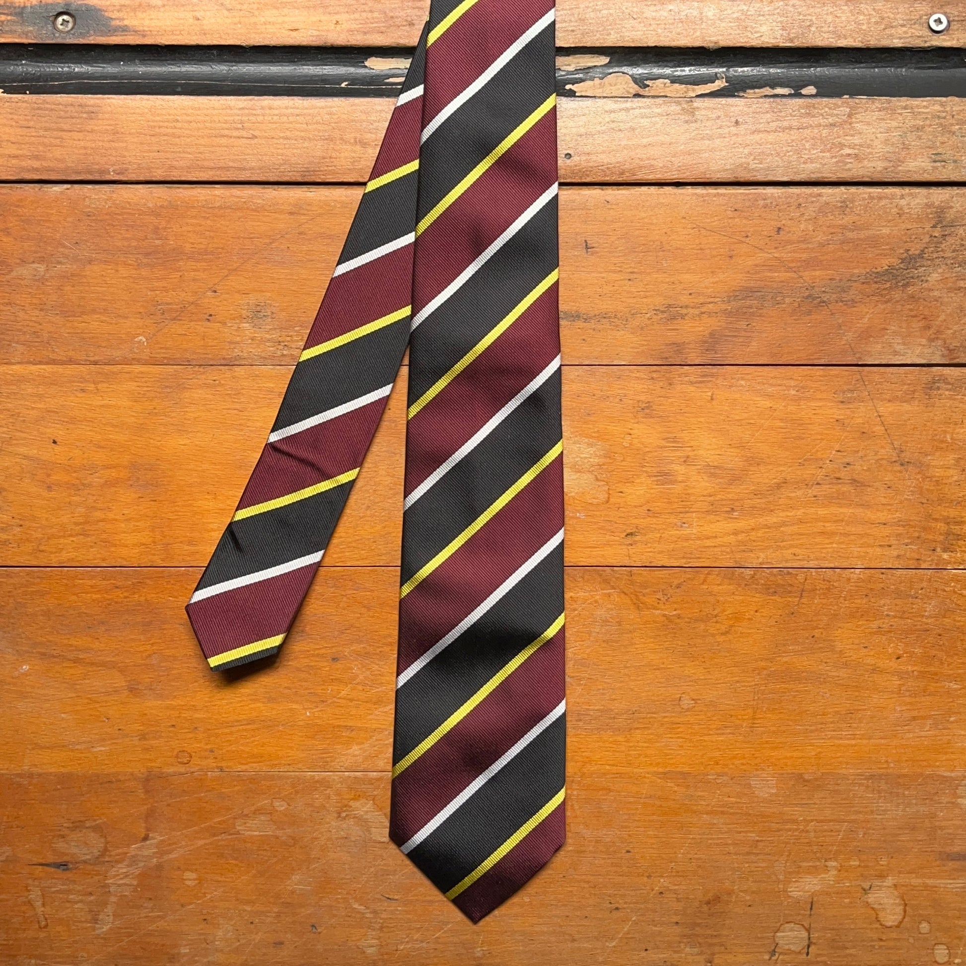 Regent - Woven Silk Tie - Burgundy, Black, Gold and White Stripe