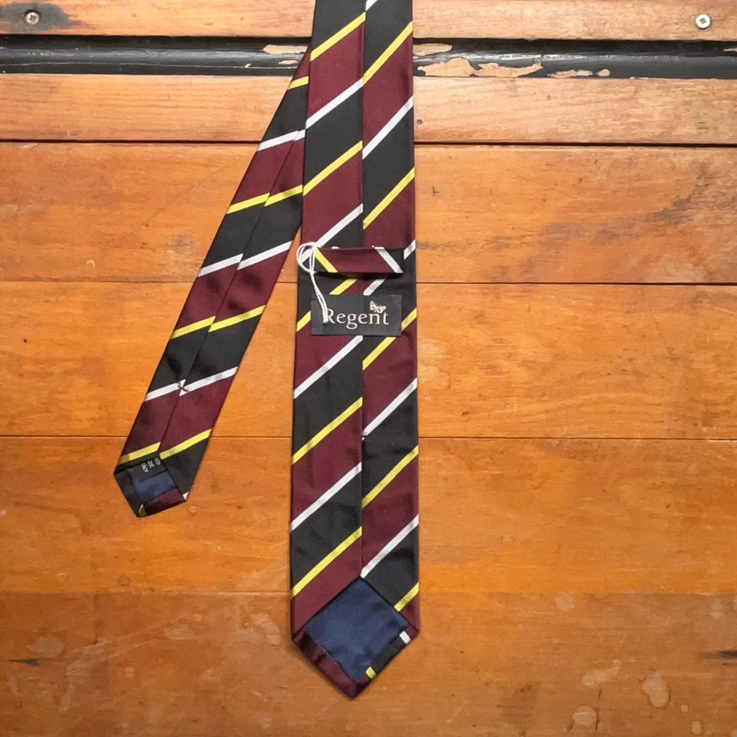 Regent - Woven Silk Tie - Burgundy, Black, Gold and White Stripe - reverse