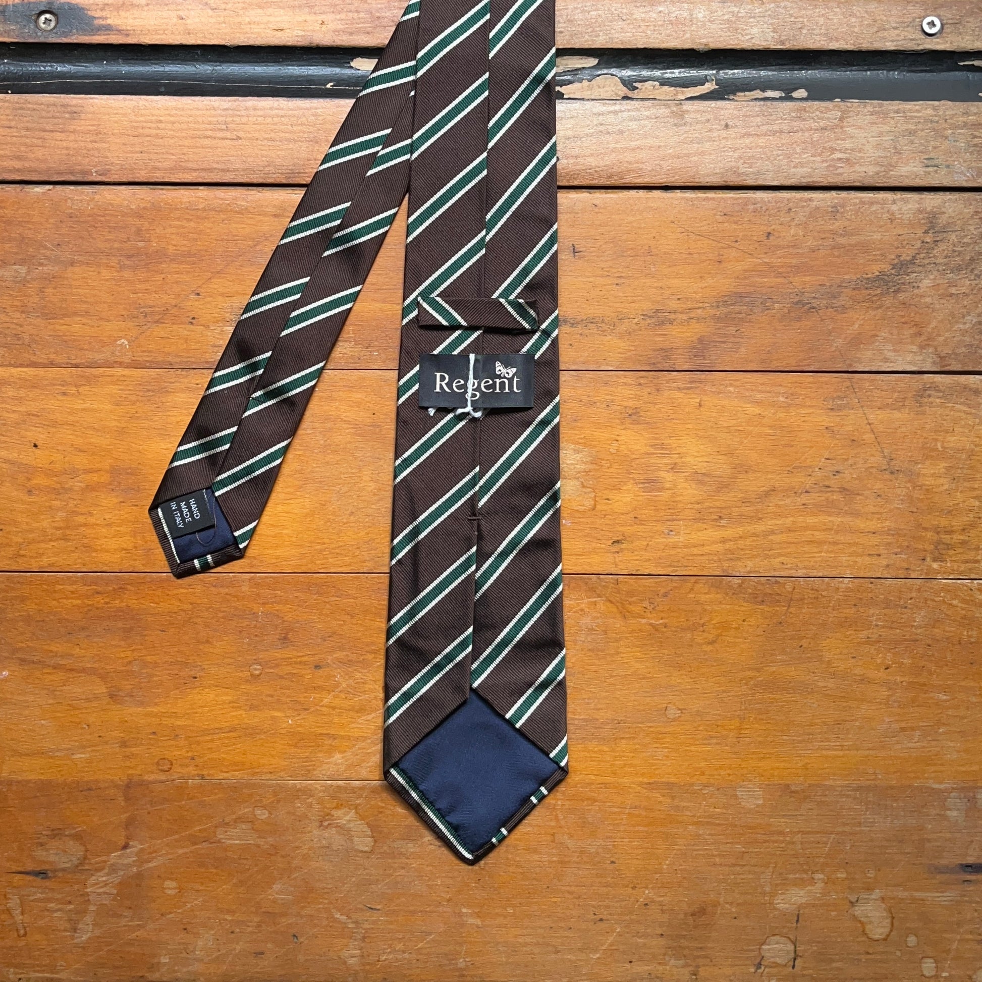 Regent - Woven Silk Tie - Brown with Green Stripe - reverse