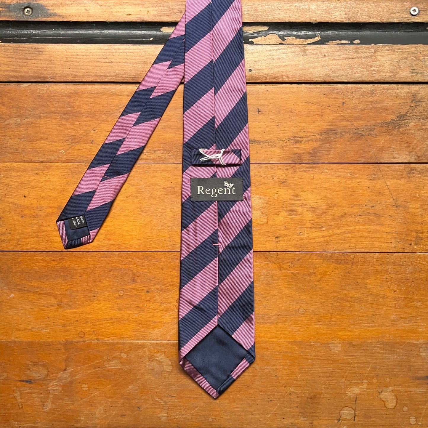 Regent Luxury Silk Tie - Pink & Navy Stripe - reverse