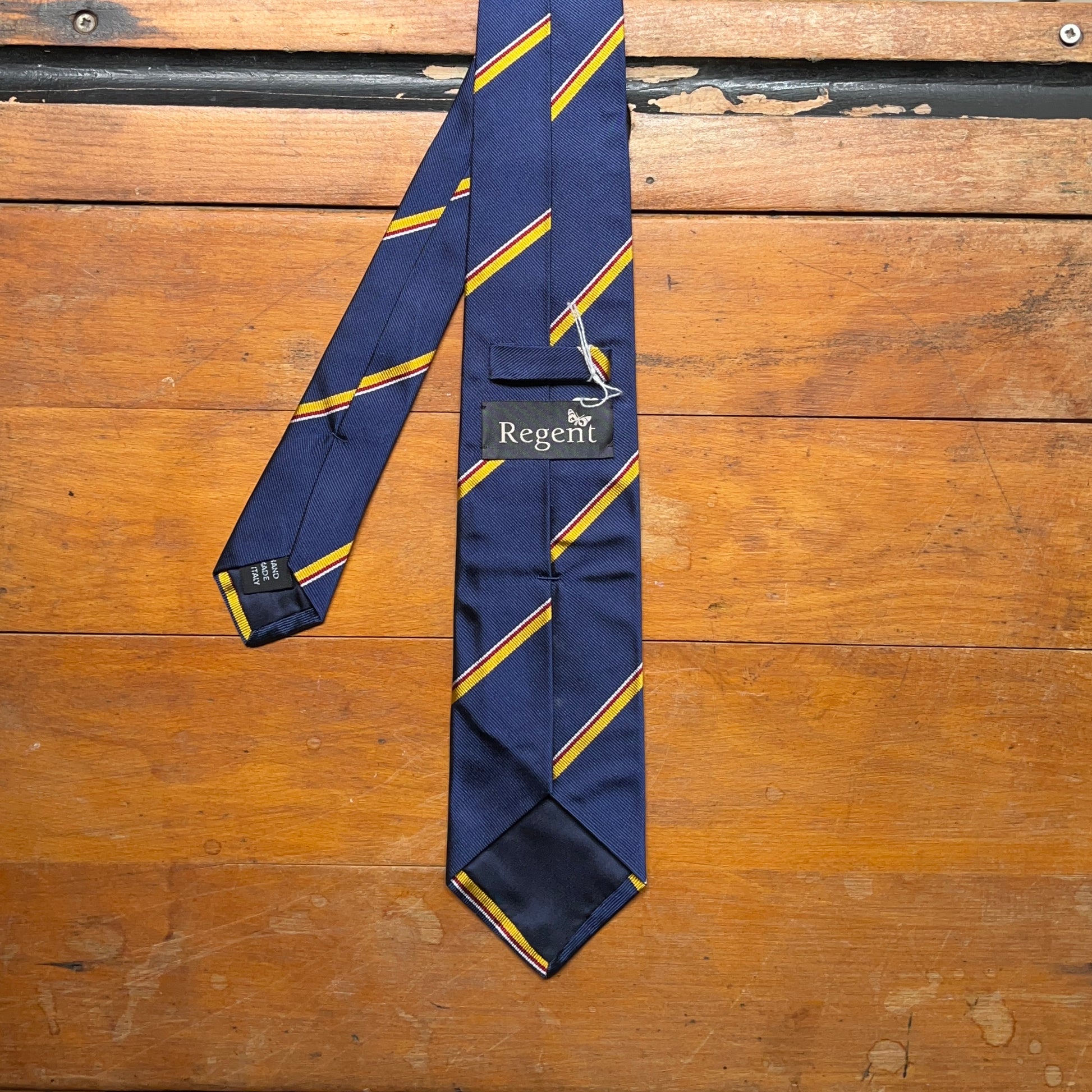 Regent Luxury Silk Tie - Navy with Gold, Red & White Stripe - reverse