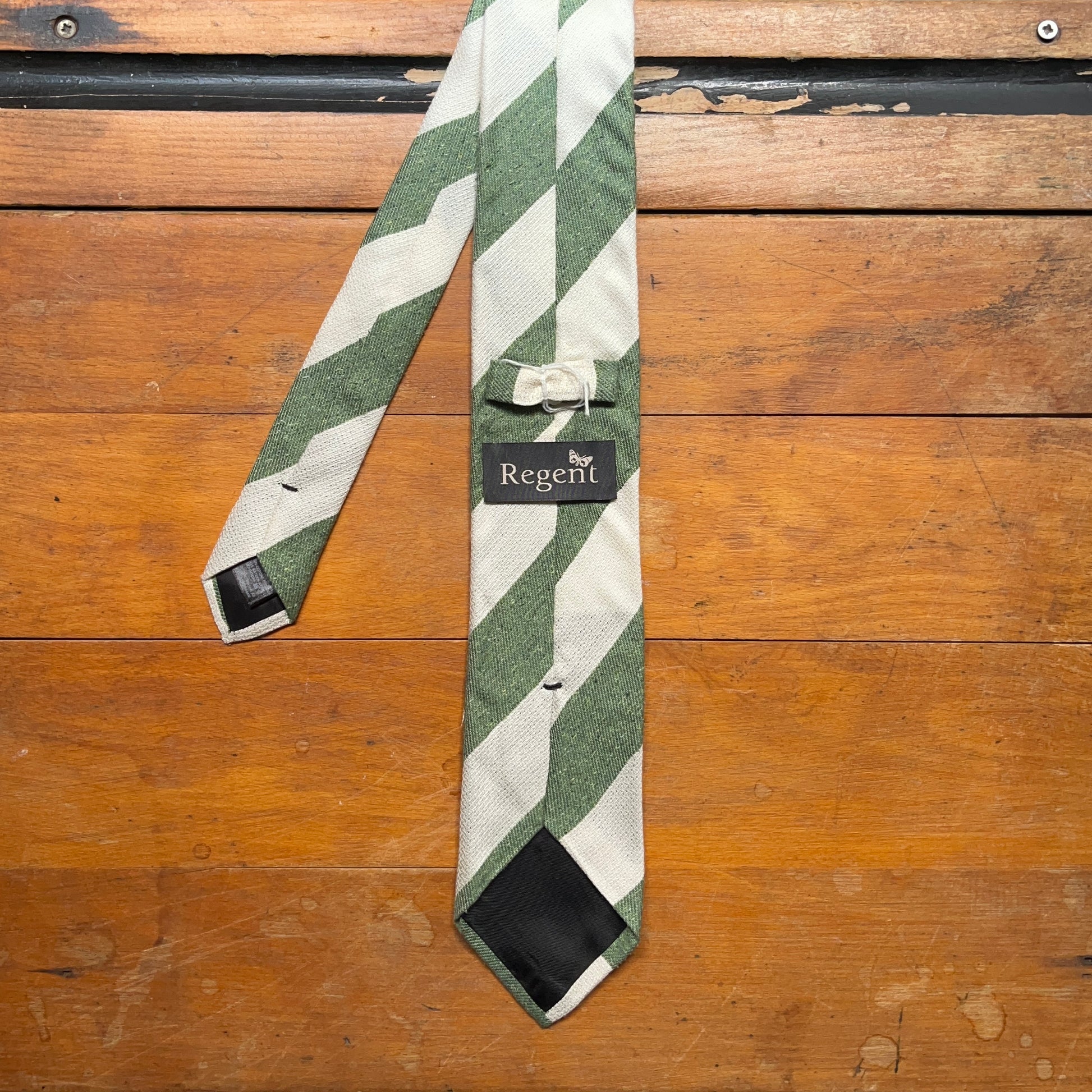 Regent Luxury Silk & Cotton Tie - White & Flecked Forest Green Stripes