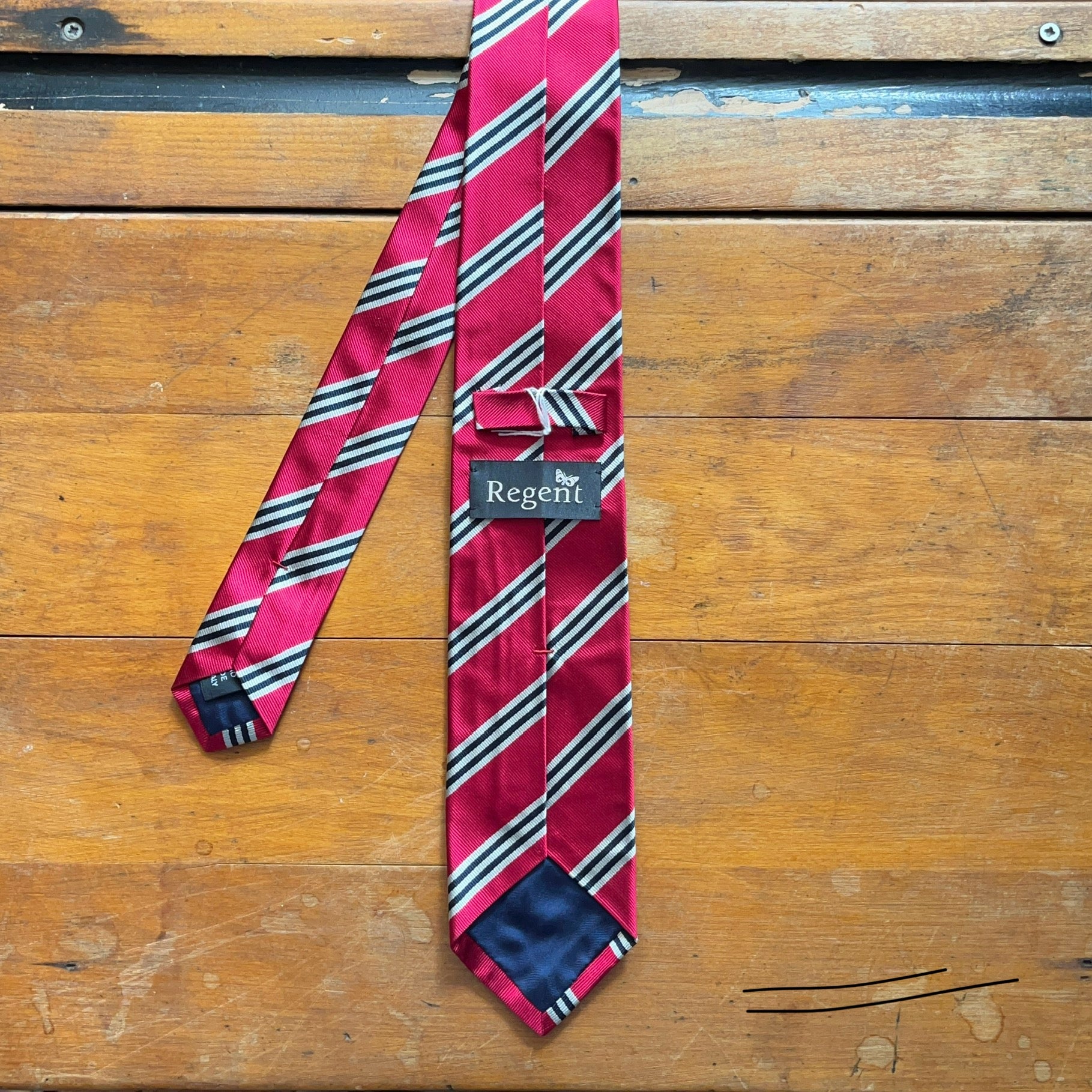 Regent Luxury Silk Tie - Red with White and Black Stripes - reverse