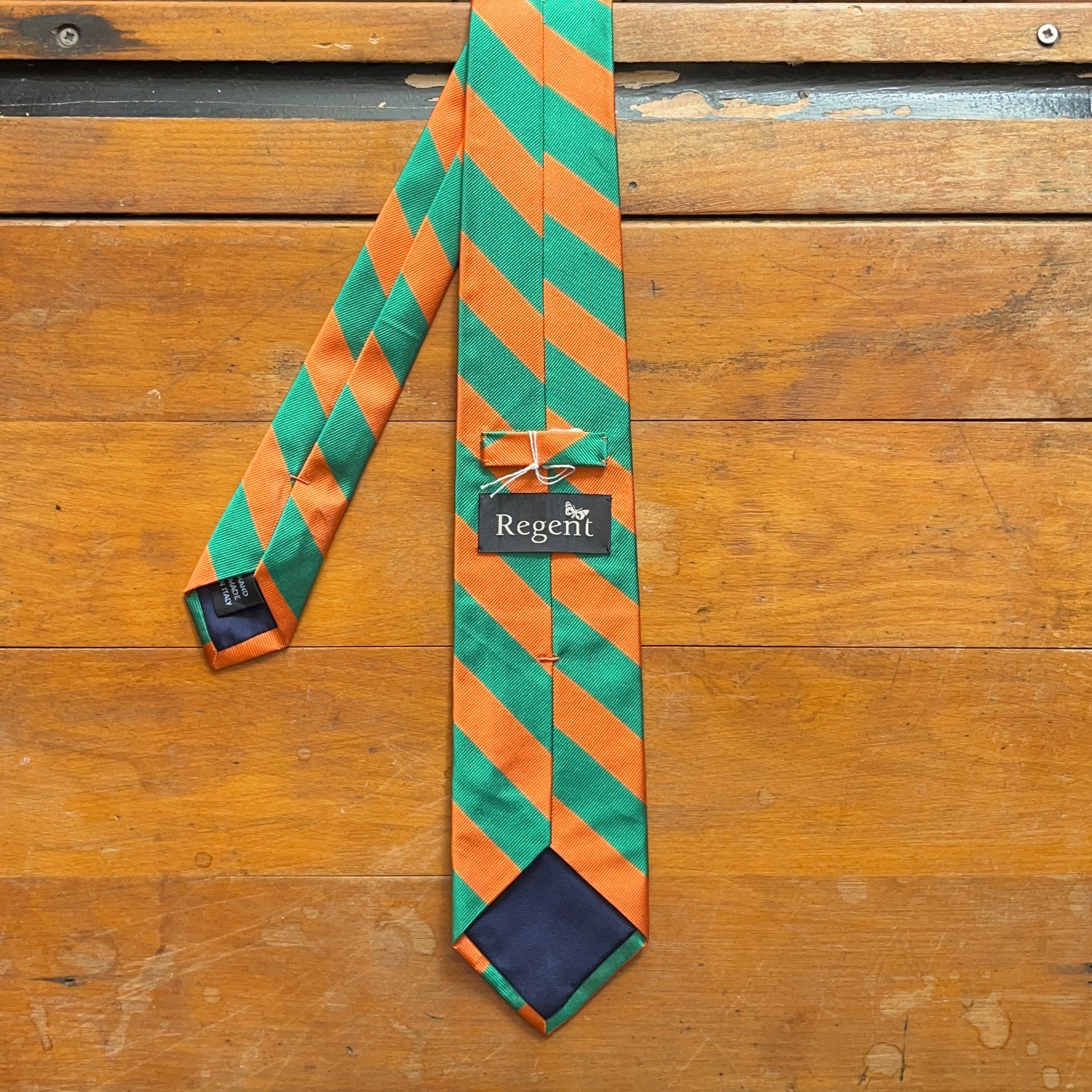 Regent Luxury Silk Tie - Orange & Green Stripes - reverse