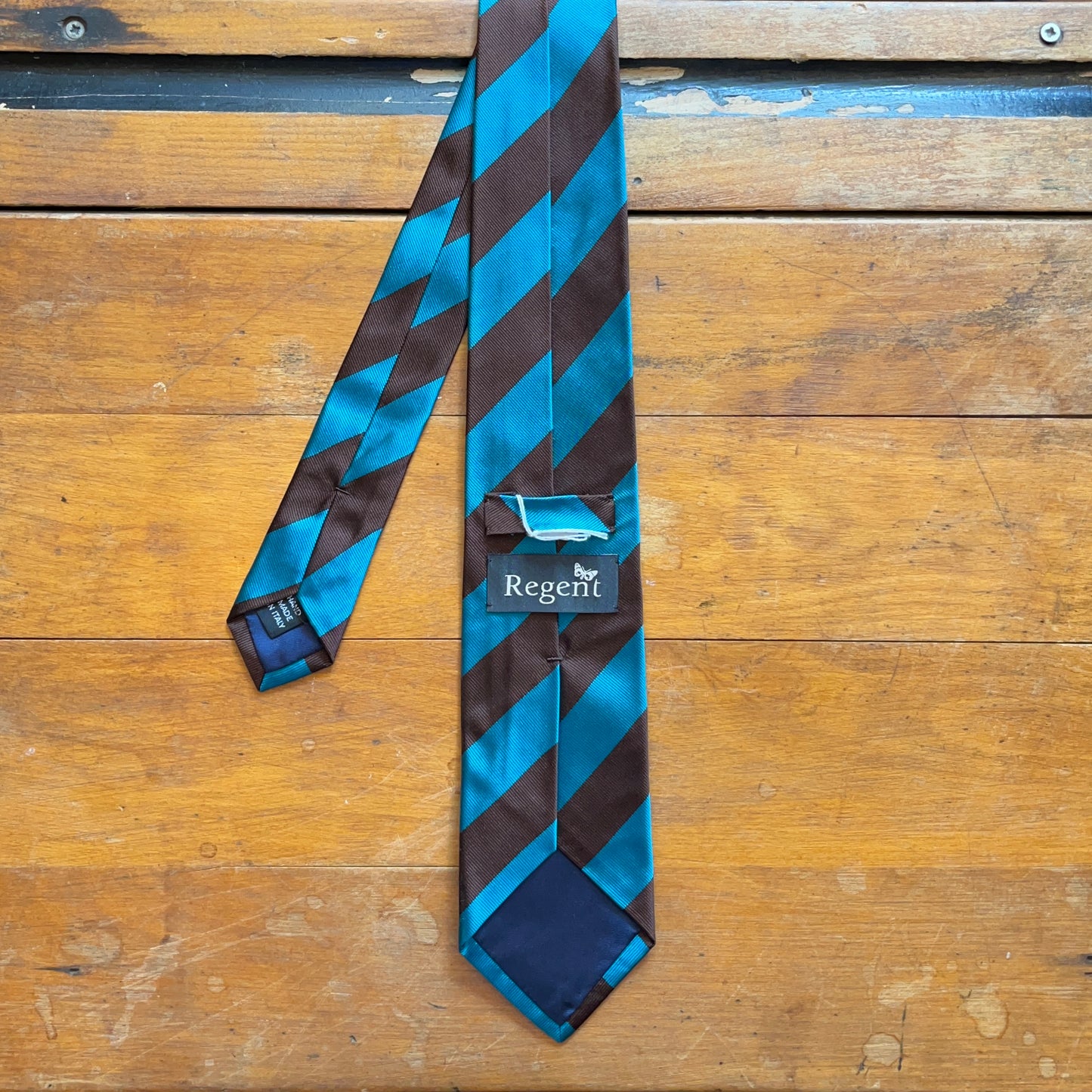 Regent Luxury Silk Tie - Teal Blue & Brown Stripe - reverse