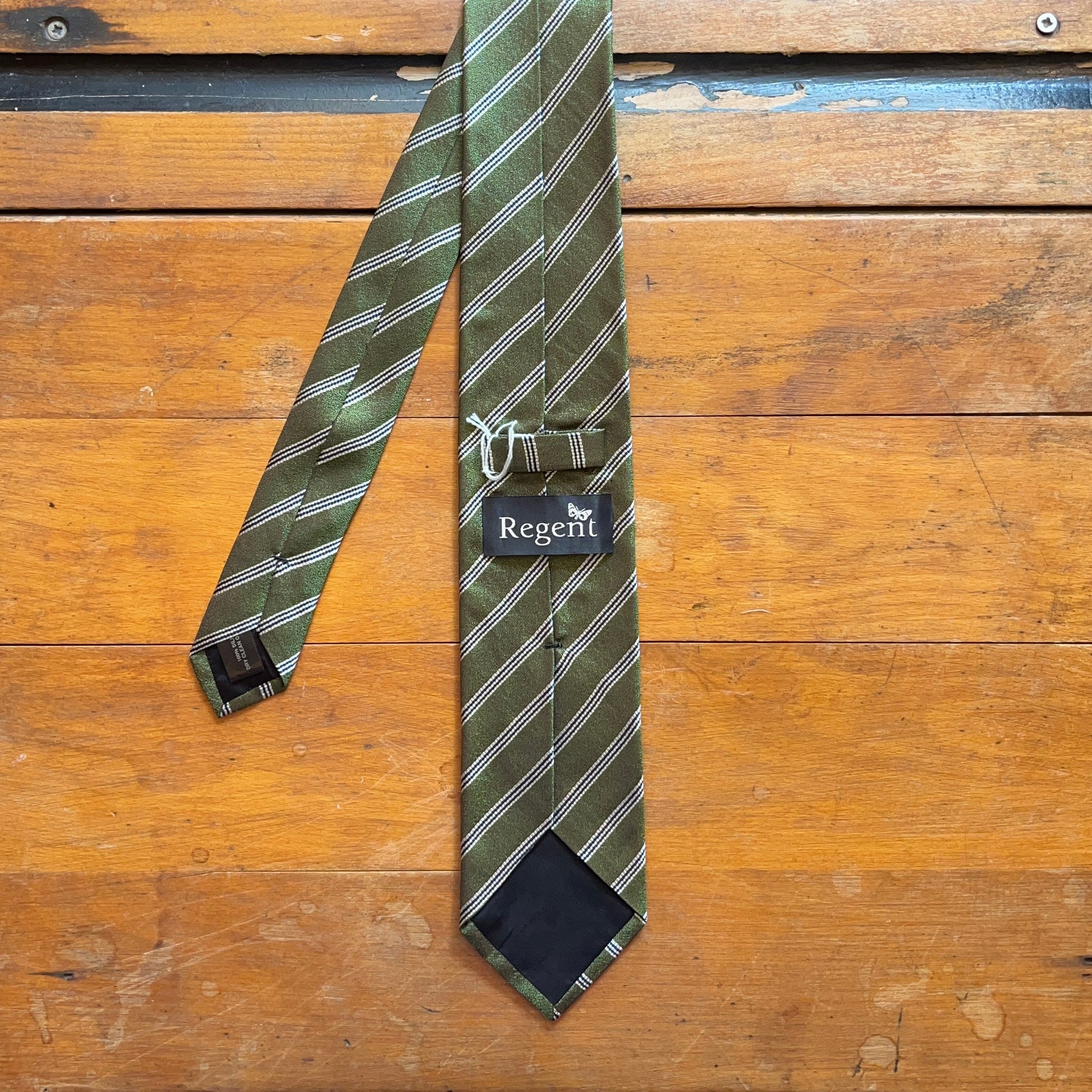 Regent Luxury Silk Tie - Green with Fine Twin Navy Stripe - reverse