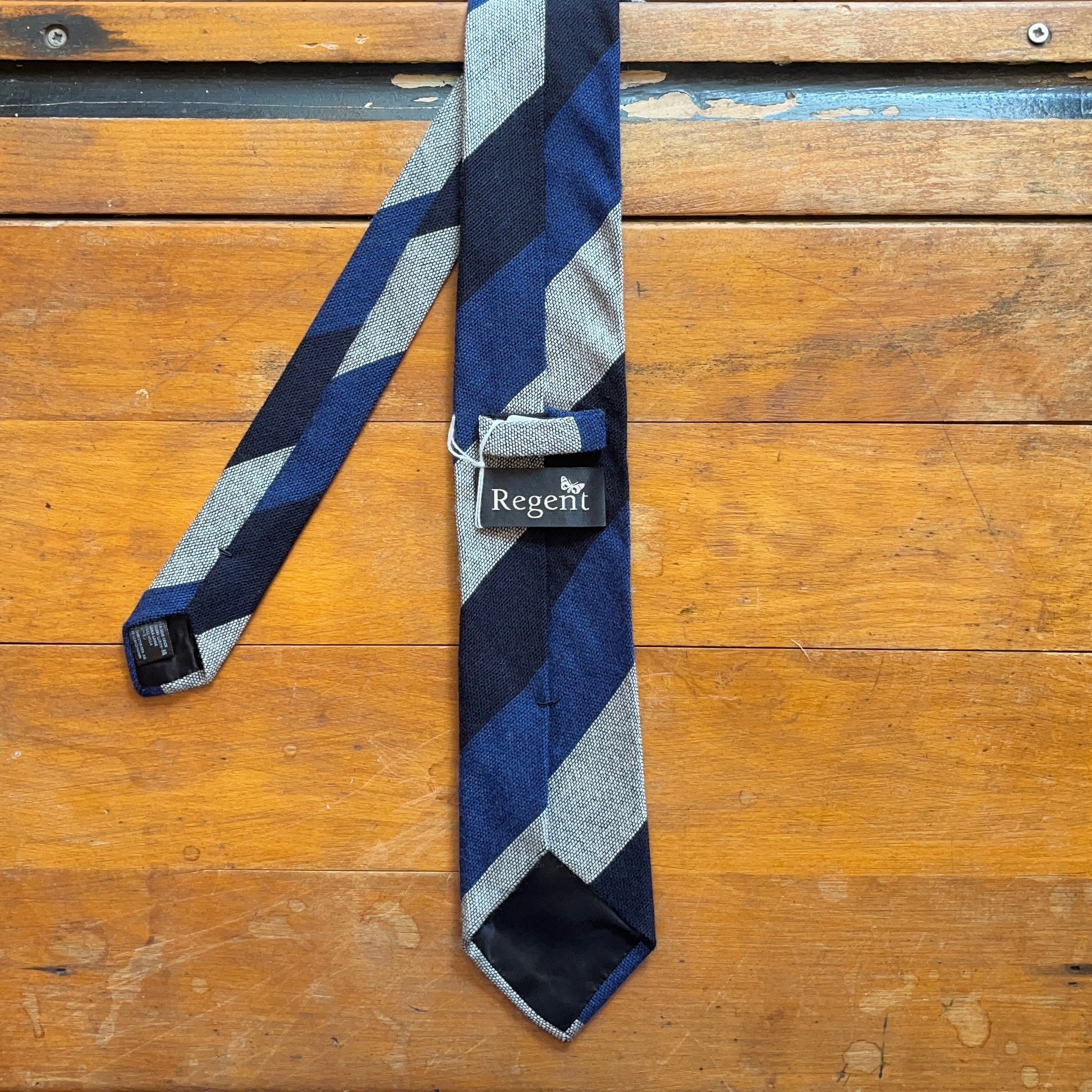 Regent Luxury Wool & Silk Tie - Navy, Blue & White Blockstripe - reverse