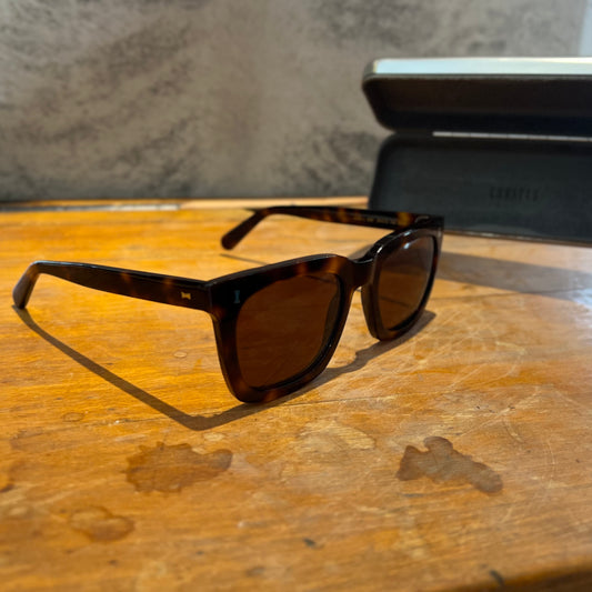 Sunglasses on a wooden desk