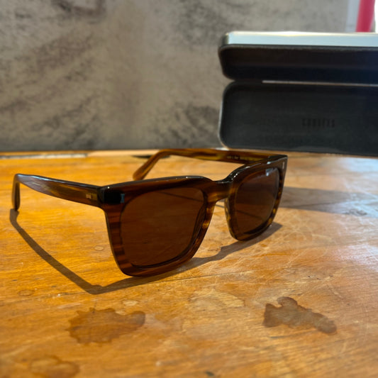 Sunglasses on a wooden desk