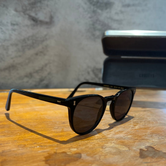 Sunglasses on a wooden desk