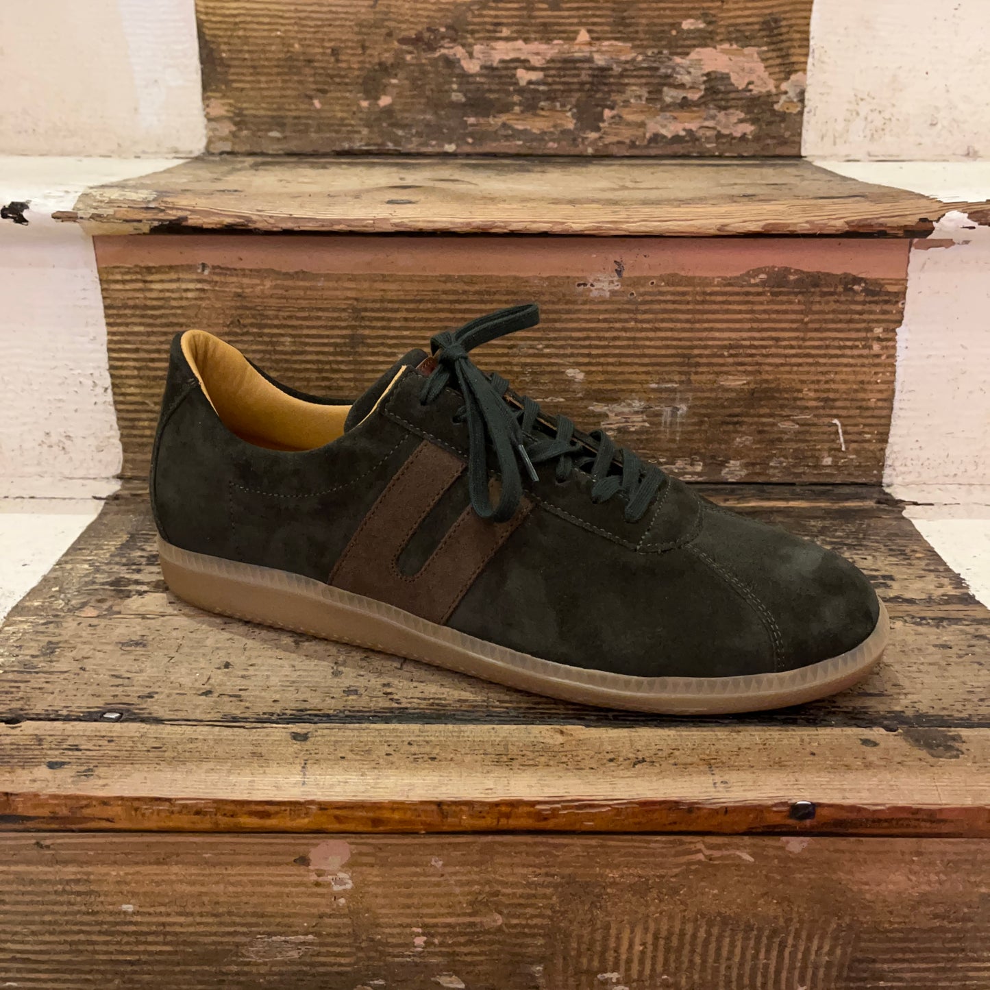 Ludwig Reiter green suede trainer on stairs