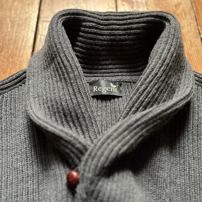 Close up of the shawl collar detail of REGENT Shawl Collar Merino Wool Ribbed Cardigan in Charcoal Grey