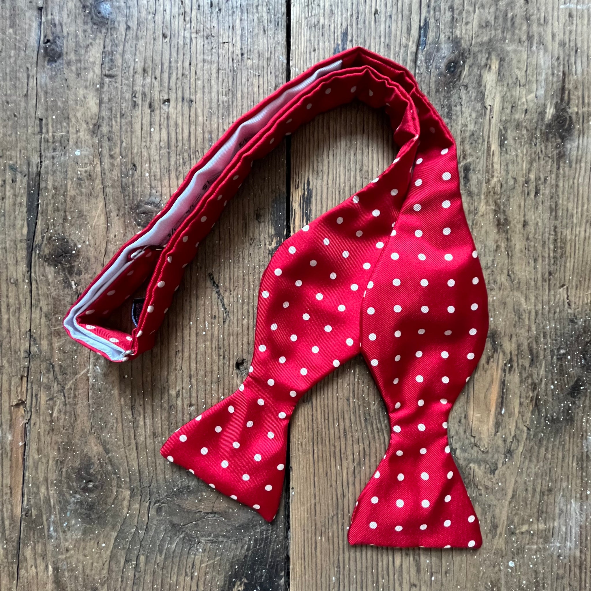 Crimson red silk bow ties with white spots