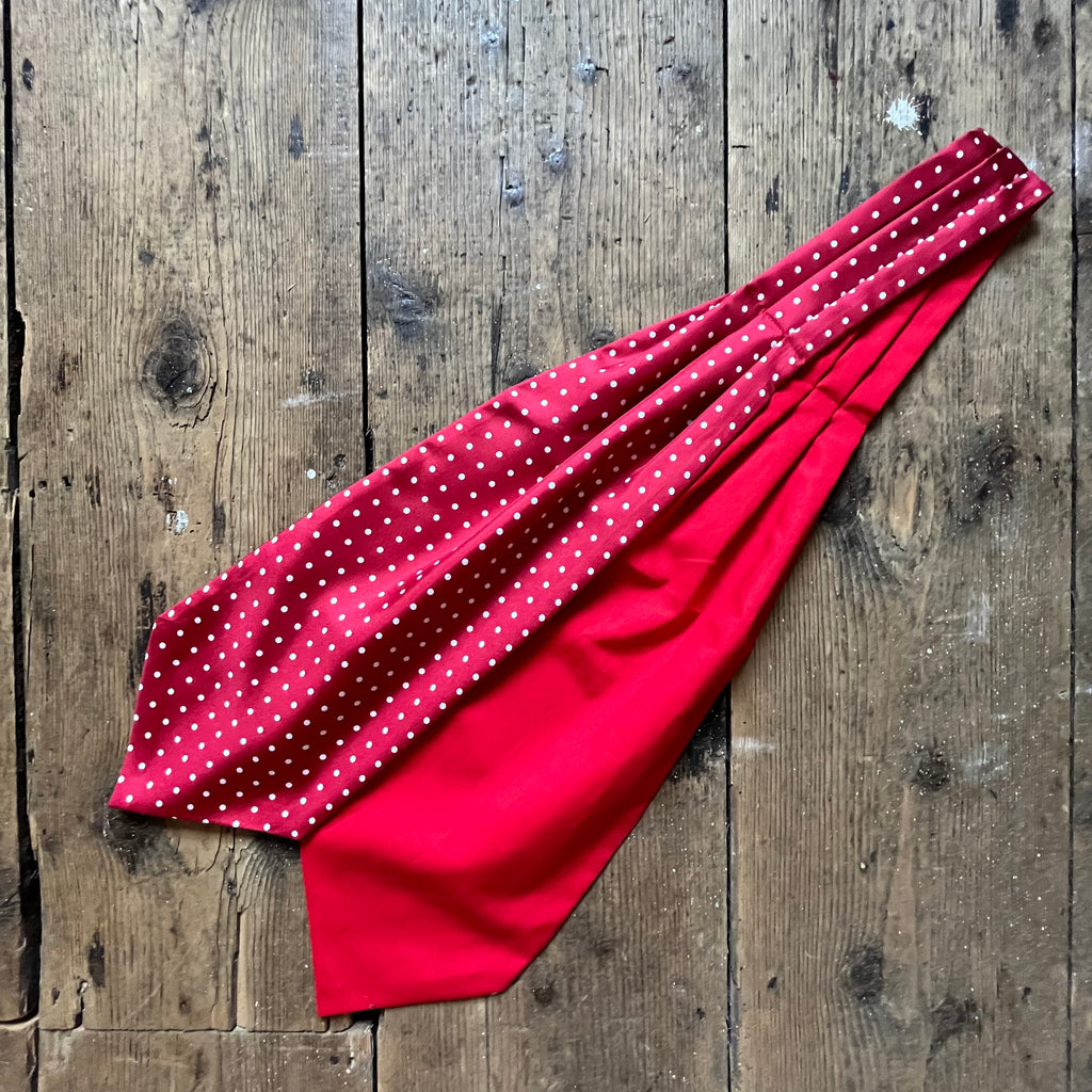Red silk cravat with red cotton backing and white polka dot