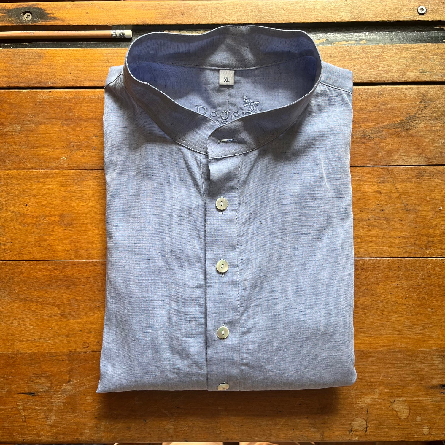 Cotton linen blue grandad collar shirt