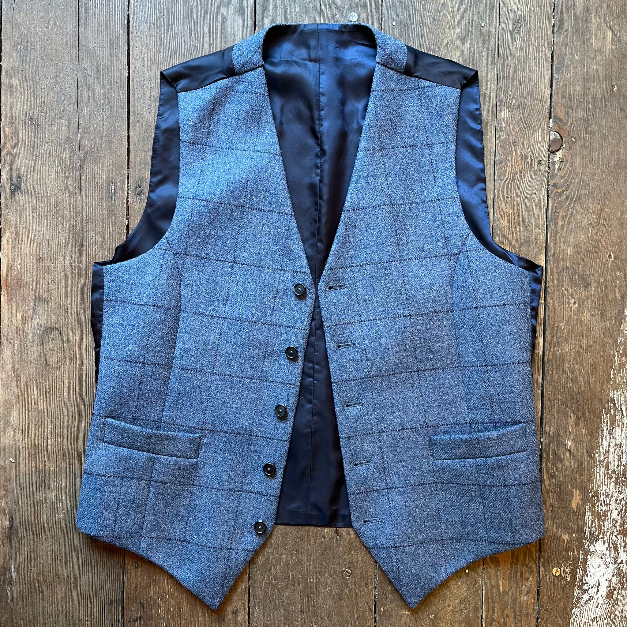 Regent Max waistcoat in blue wool with overcheck