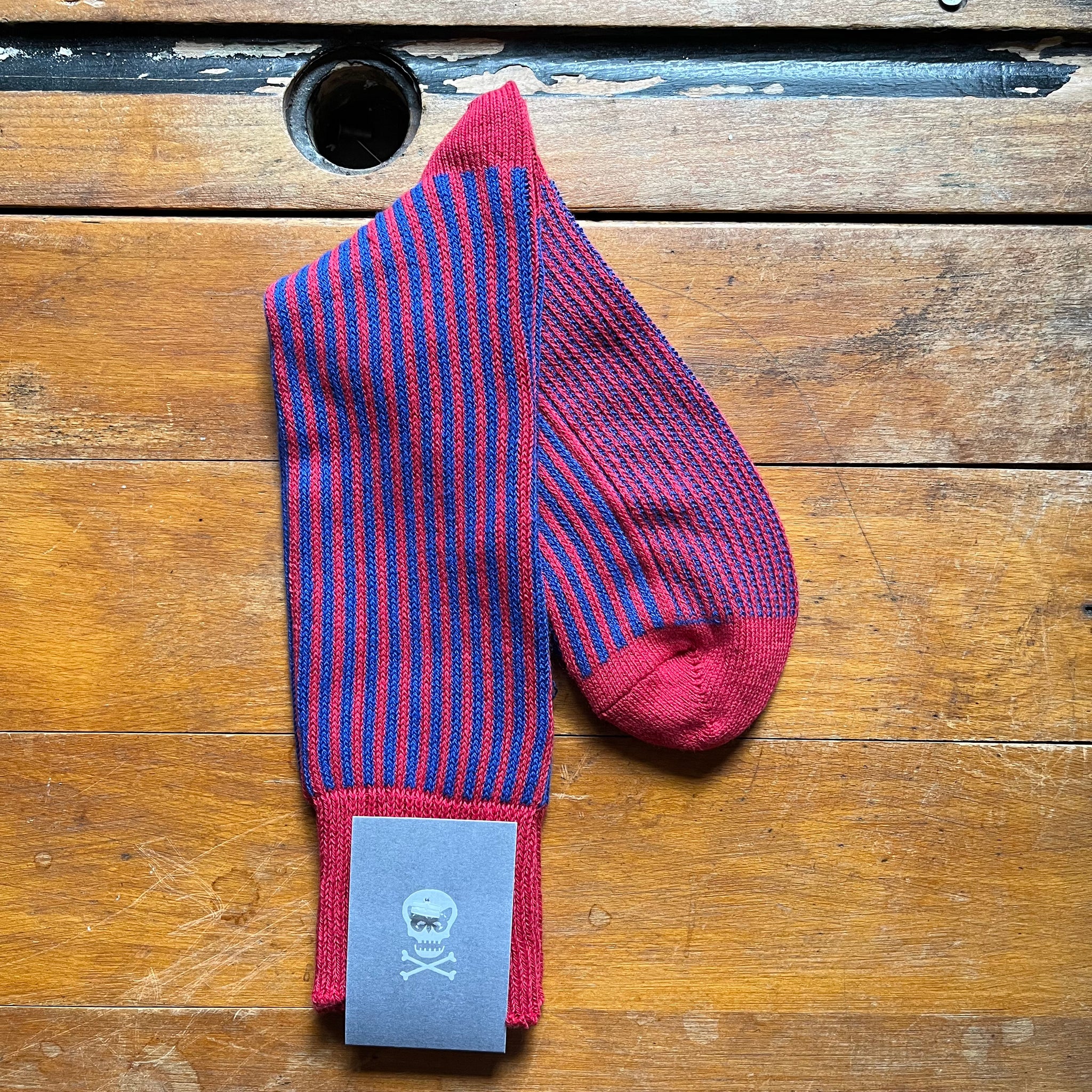 Regent Socks - Cotton - Red and Electric Navy Vertical Stripe