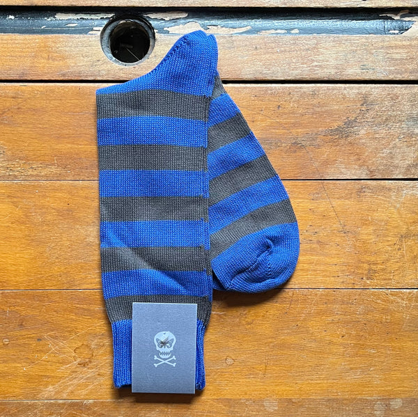 Regent Socks - Cotton - Grey & Royal Blue - Hoop