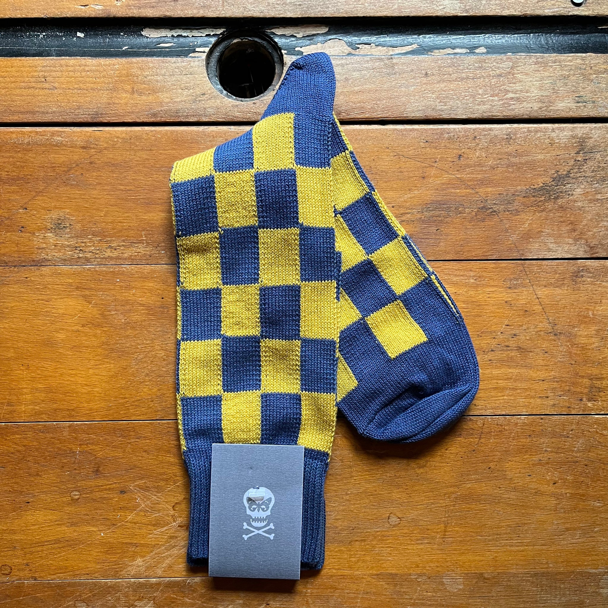 Yellow and slate blue tile checked pattern cotton sock