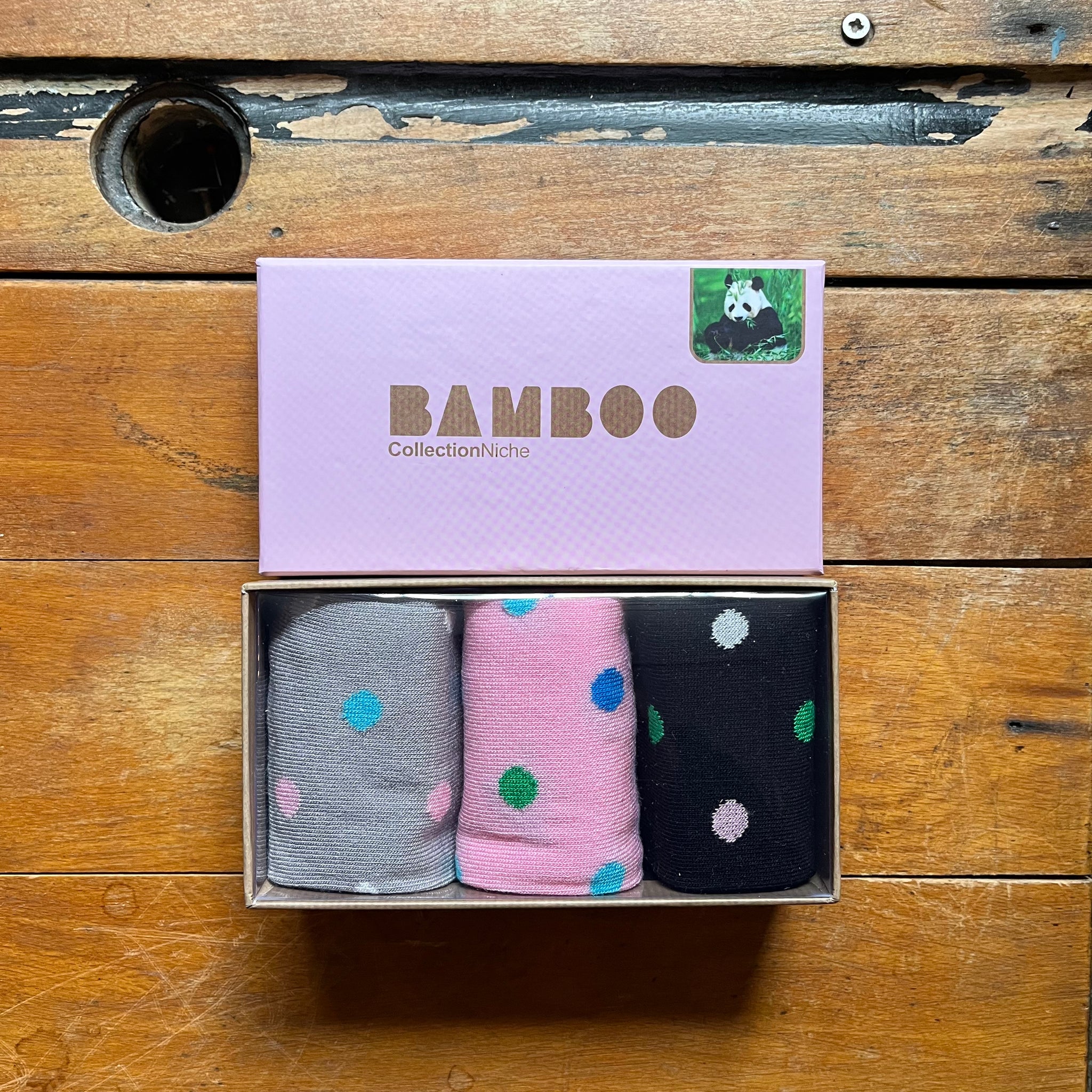 Three pairs of ladies bamboo polka dot socks - 1x grey, 1x pink, 1x black