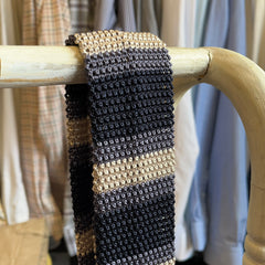 Regent - Knitted Silk Tie - Blue and Champagne - Stripe