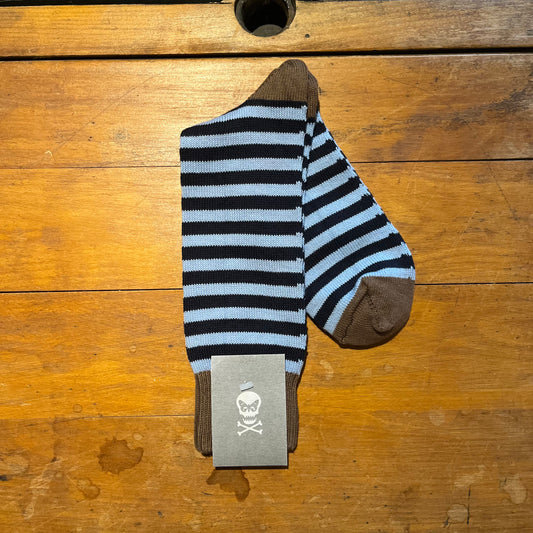 Regent - Fine Cotton Socks - Heel & Toe with Hoops - Brown/Navy/Blue