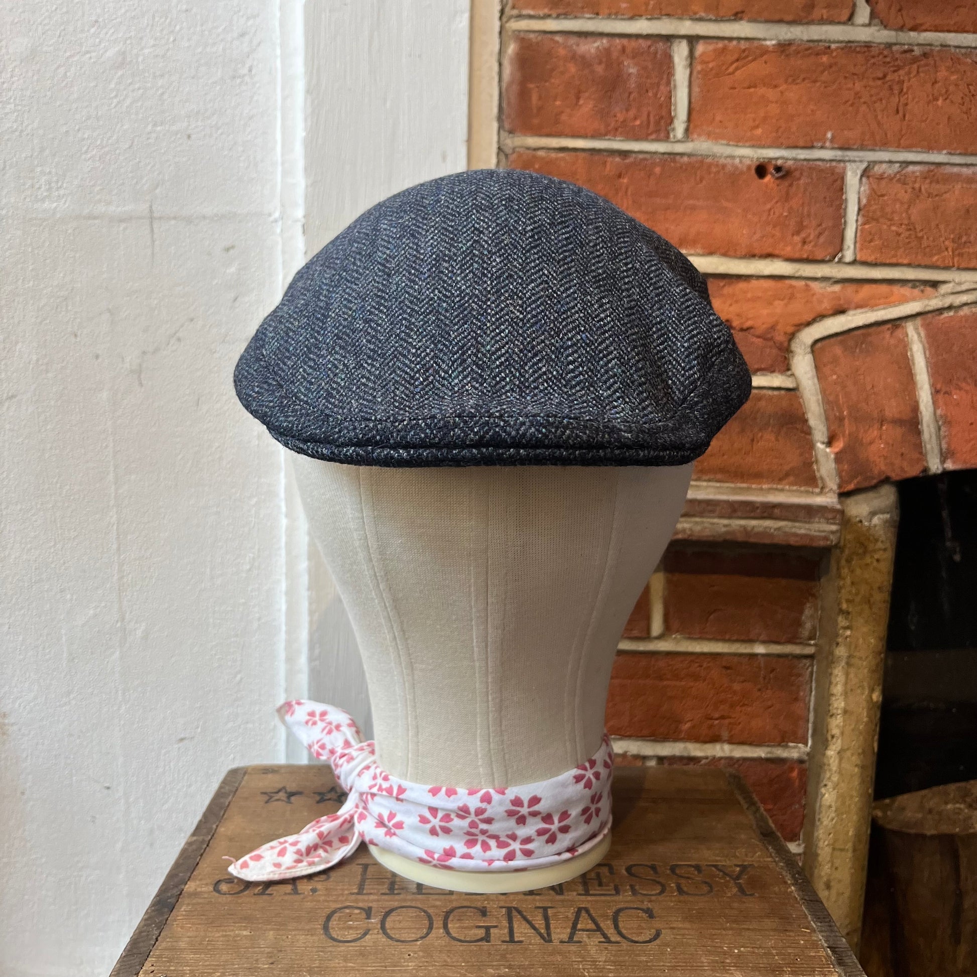 Blue herringbone tweed flat cap