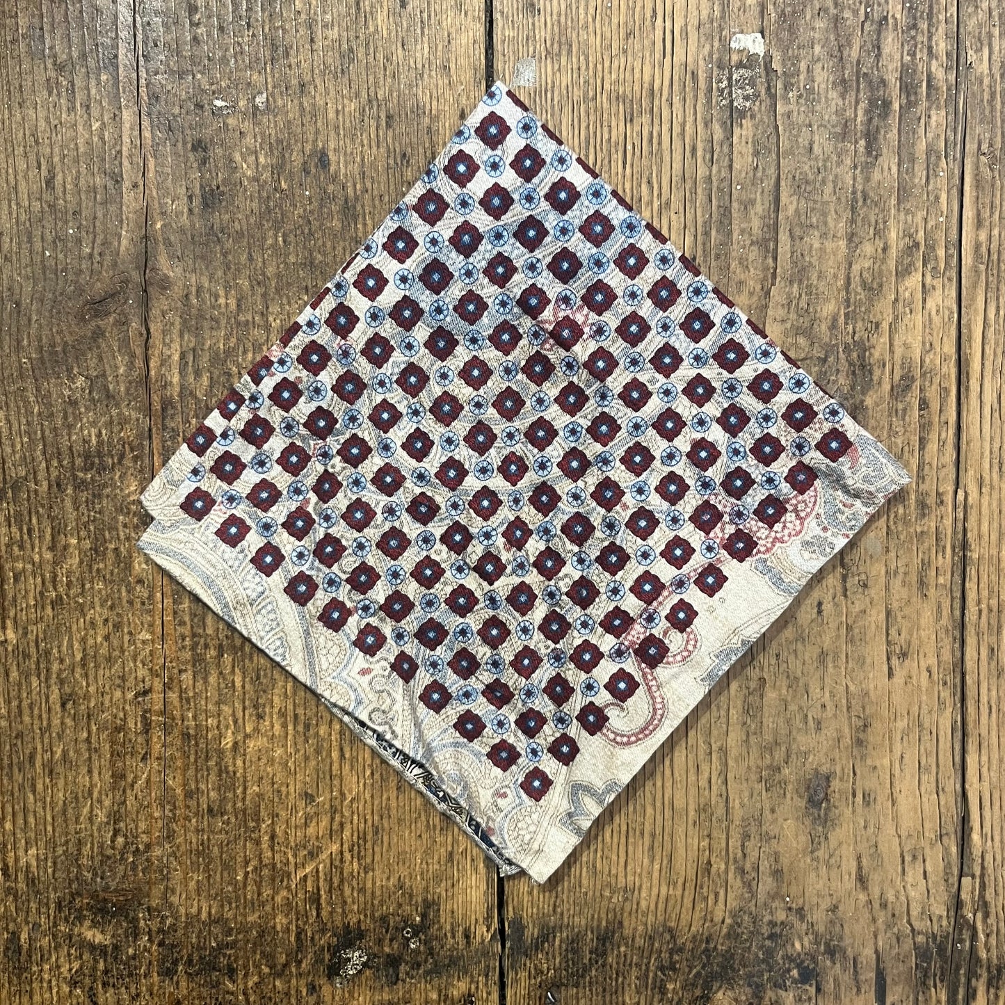 Regent - Cotton Pocket Square - Red/Beige And Blue Pattern