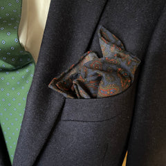 Regent - Pocket Square - Wool - Navy/red and Green Paisley