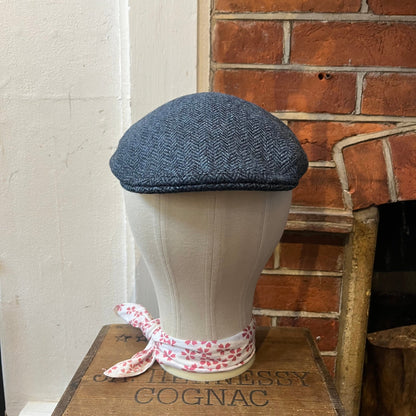 Petrol blue herringbone tweed flat cap