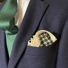 Regent - Wool/Silk Pocket Square - Cream with Green Houndstooth