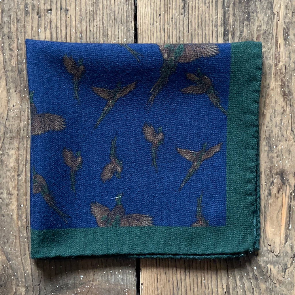 Navy wool pocket square with pheasant pattern on navy