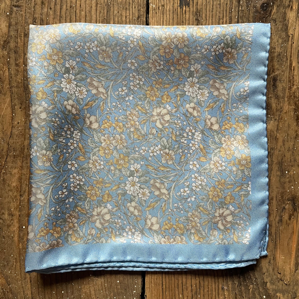 silk pocket square in cornflower blue with springtime floral design
