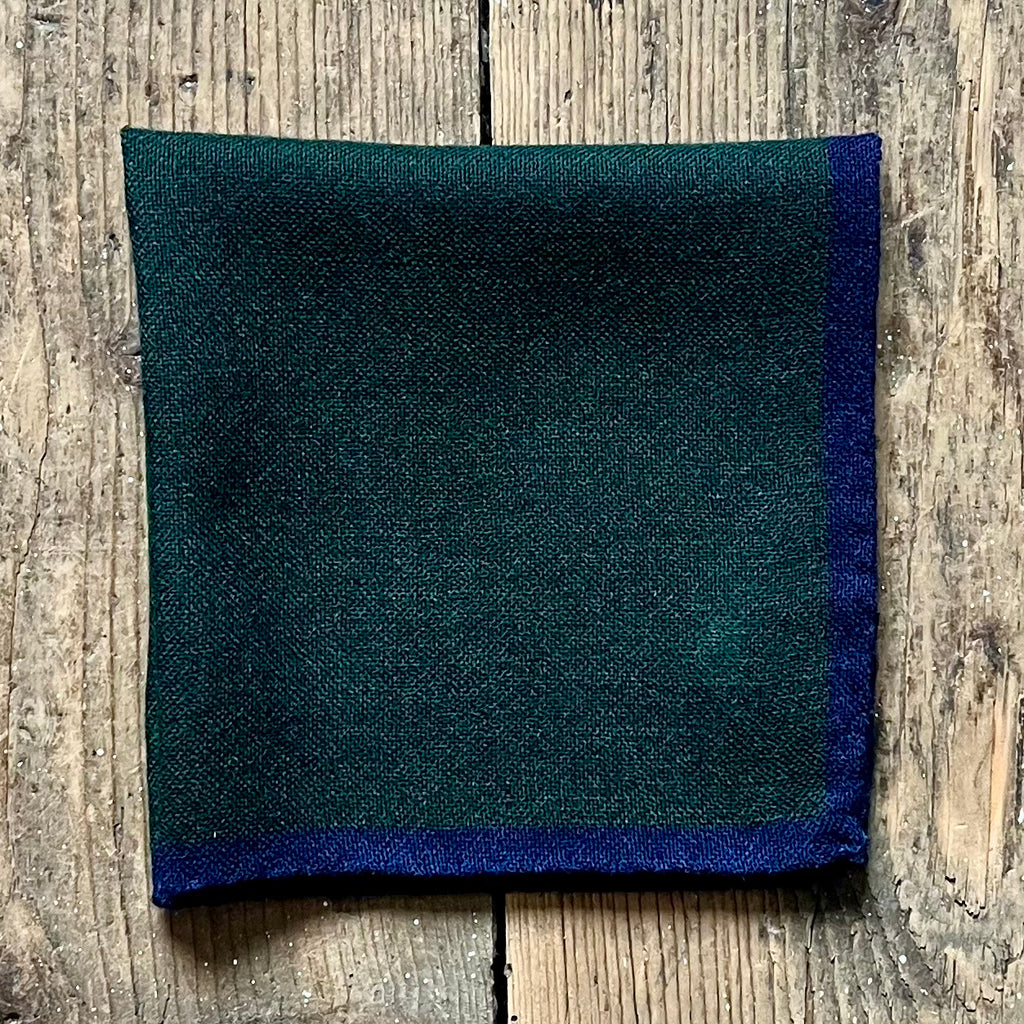 Green wool pocket square with navy trim