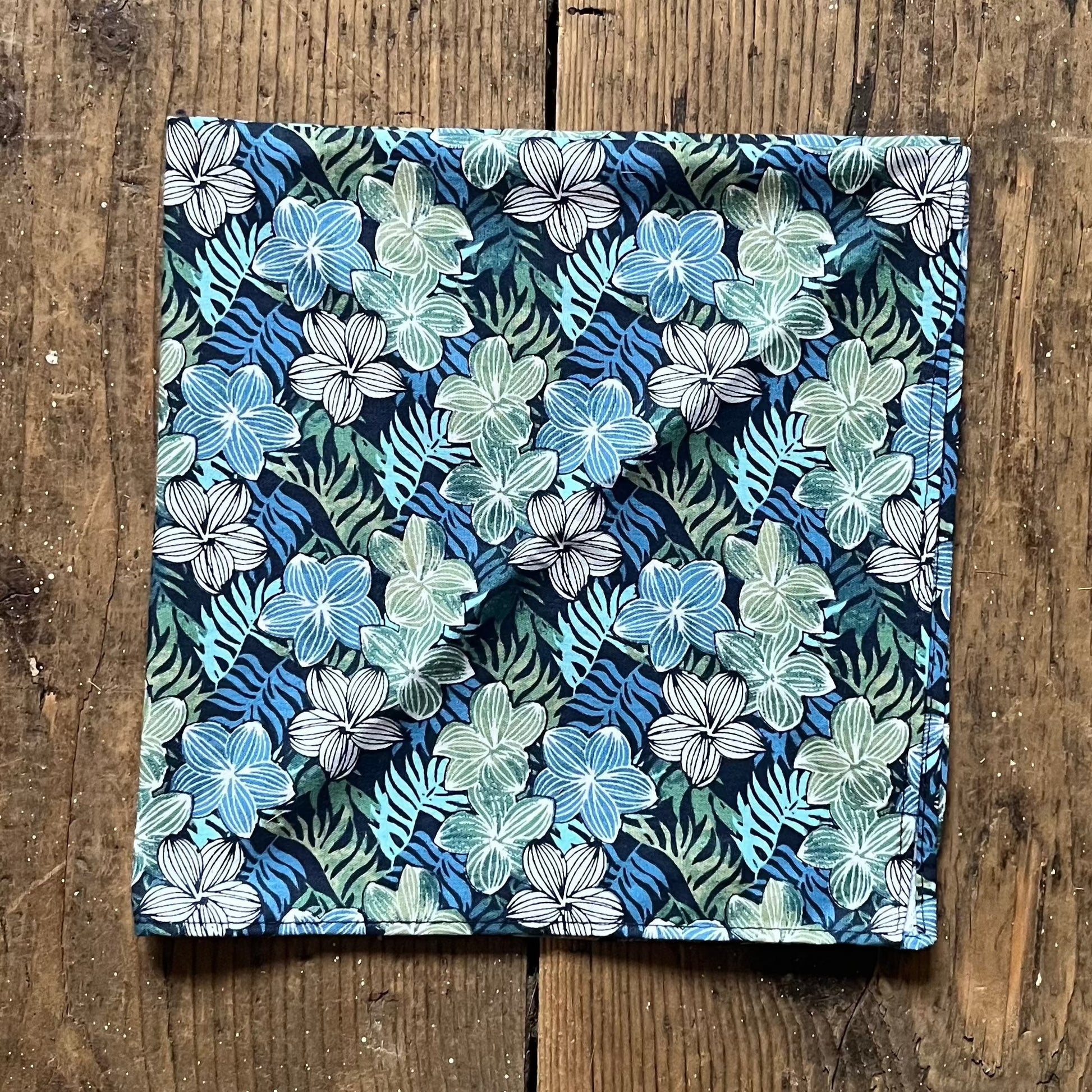 Cotton pocket square with blue and green flowers