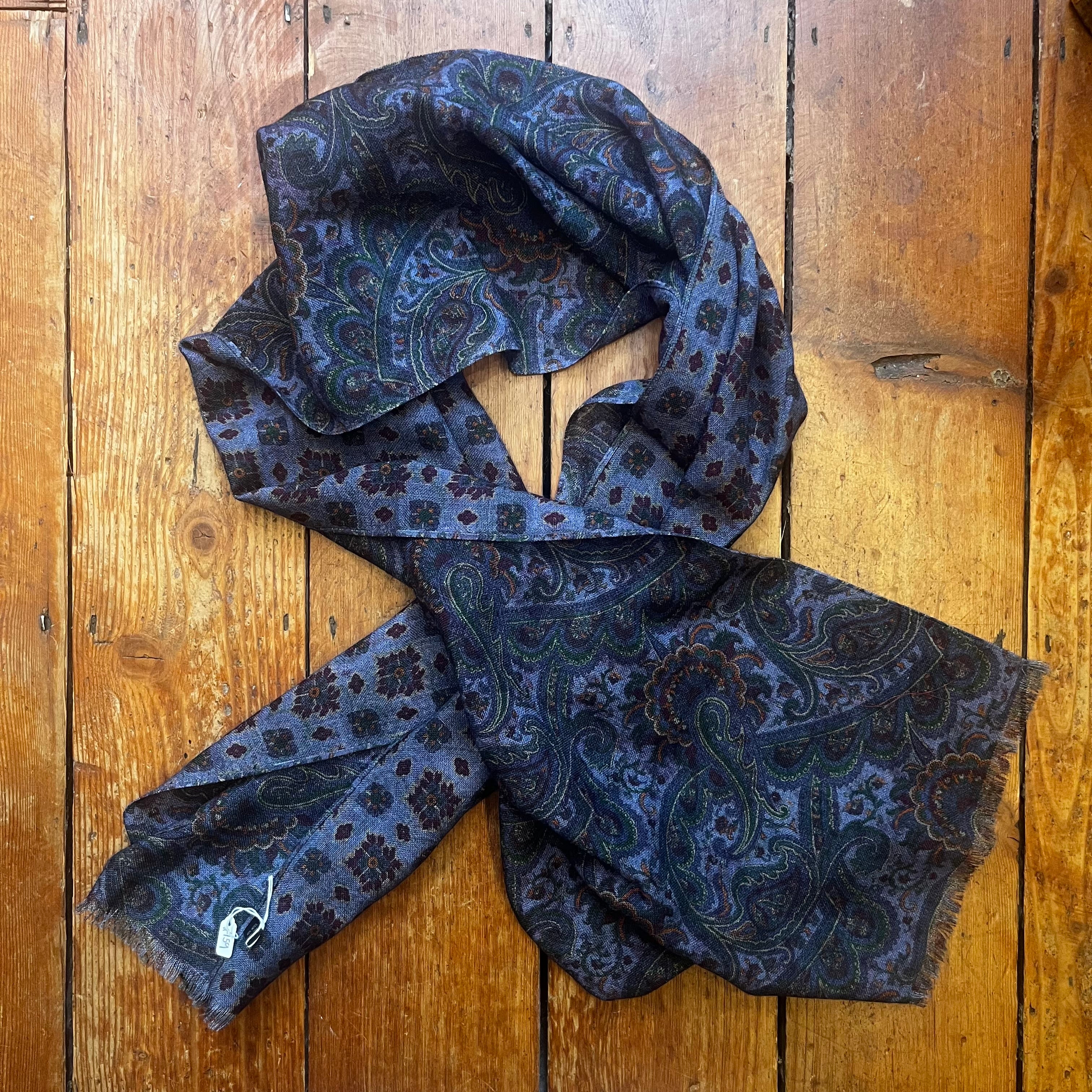 Double Sided Wool Silk Scarf in Brown, Navy, & Blue Paisley with