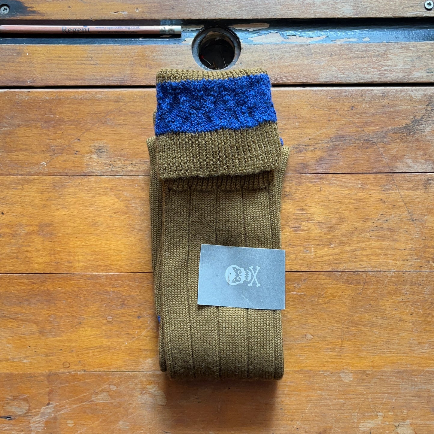 Khaki boot sock with contrasting blue cuff