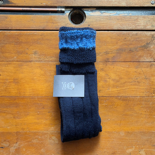 Navy blue woollen boot sock with contrasting baby blue cuff 