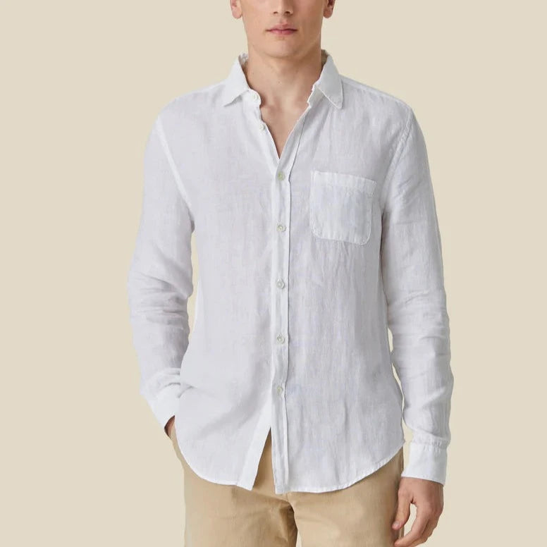 Plain white linen shirt classic style long sleeve and patch pocket.