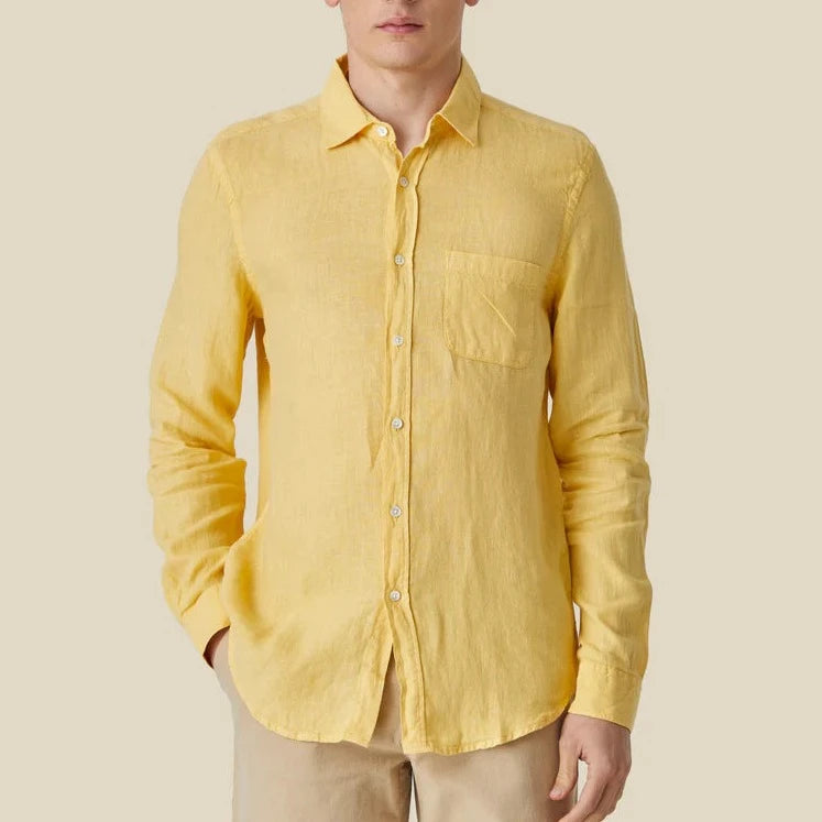 Yellow linen shirt , long sleeve relaxed collar a patch pocket .