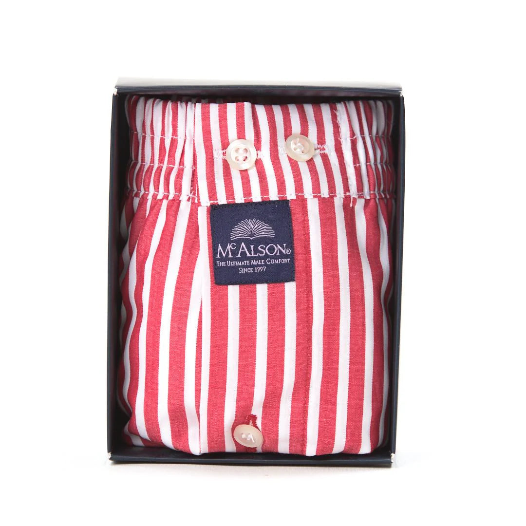 Red and white striped shirt with buttons in a box, featuring the McAlson brand.