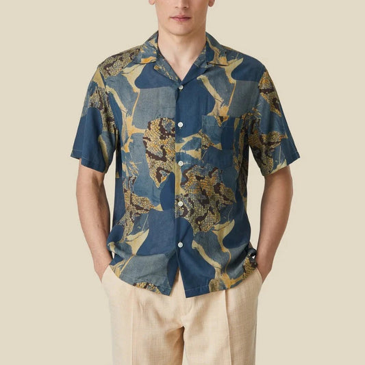 Portguse Flannel short sleeve mastic shirt - aroyal blue tone print with reptile print camo - short sleeve and Cuban collar with a chest pocket