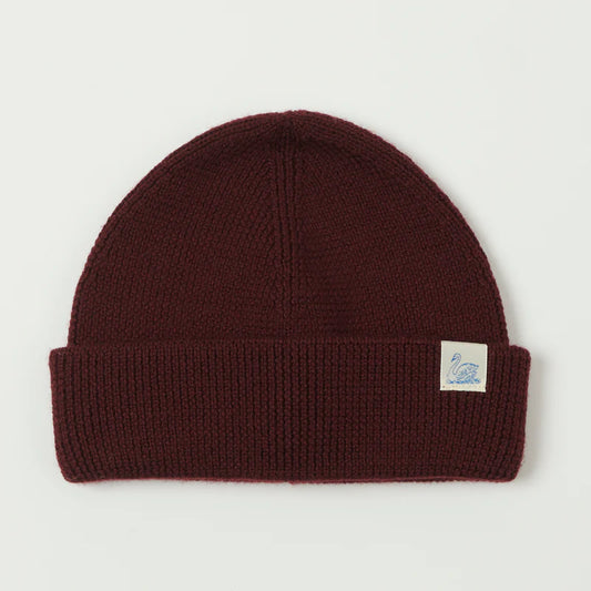 Burgundy watch cap knit swan logo on fold